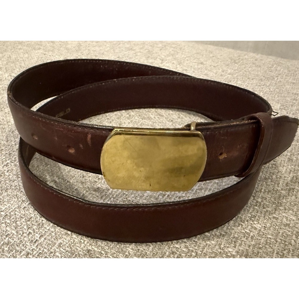 Italian Saddle Leather Brown Belt Gold Tone Plaque Buckle Size 40 100cm